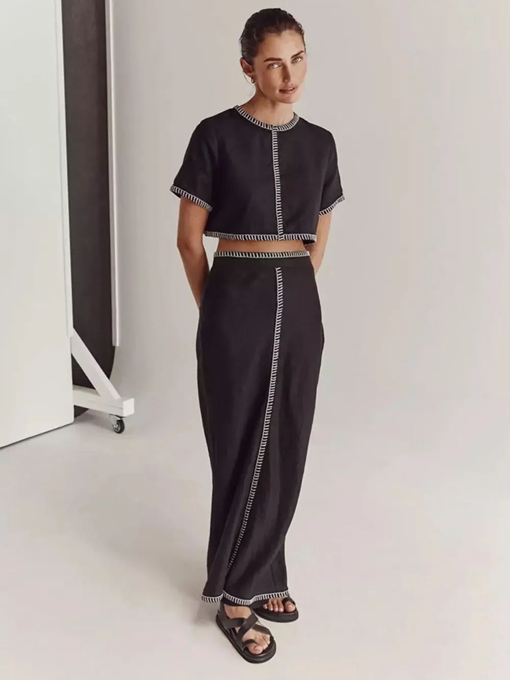 DISSH BELLA Black Linen top + midi skirt set